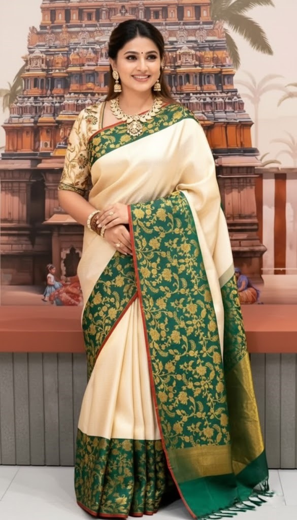 Cream / Off-white Premium Pure Katan Silk Banarasi Saree (Zari Weaving) with a matching blouse piece 6024