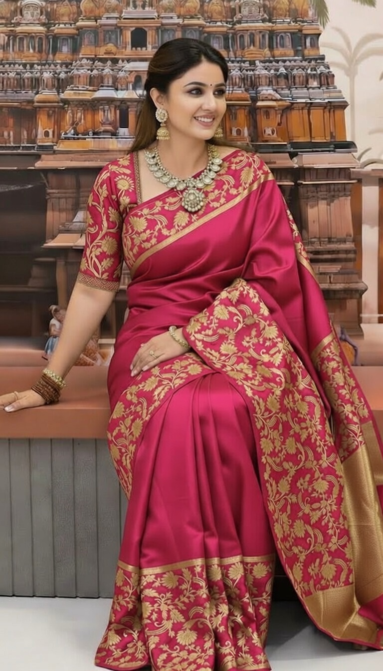 pink Premium Pure Katan Silk Banarasi Saree deep pink with golden zari design and border 7030