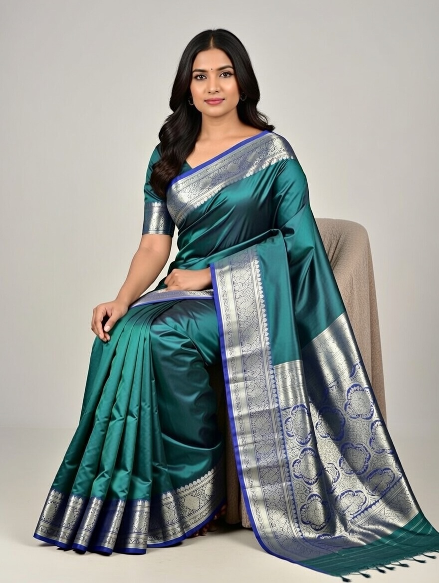 Teal Green Satin Silk Saree with Intricate Silver Zari Border & Floral Motifs | Premium Handwoven Elegance 5041