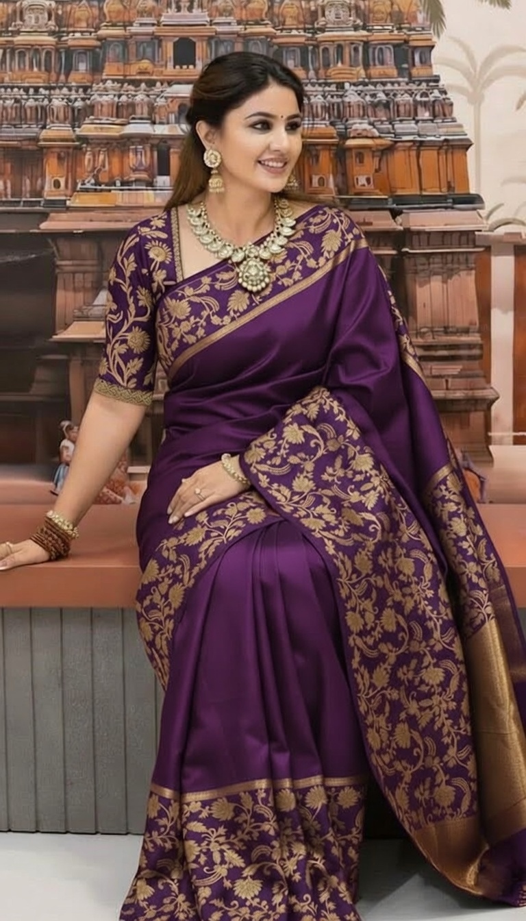 Deep Purple Premium Pure Katan Silk Banarasi Saree (Zari Weaving) with a matching blouse piece 5027