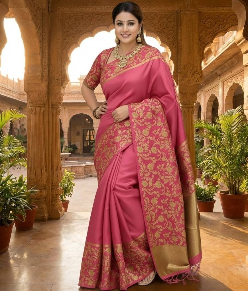 🌸 pink Premium Pure Katan Silk Banarasi Saree deep pink with golden zari design and border 5029