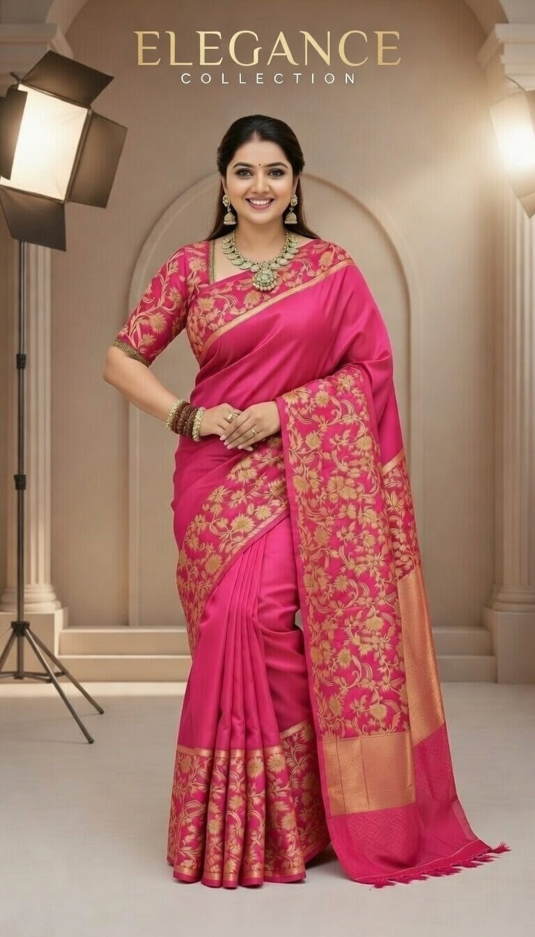 🌹Premium Pure Katan Silk Banarasi Saree deep pink with golden zari design and border 6025