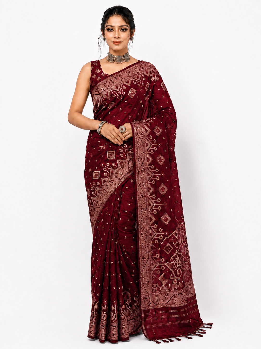 Marron cotton Jamdani Saree 7053