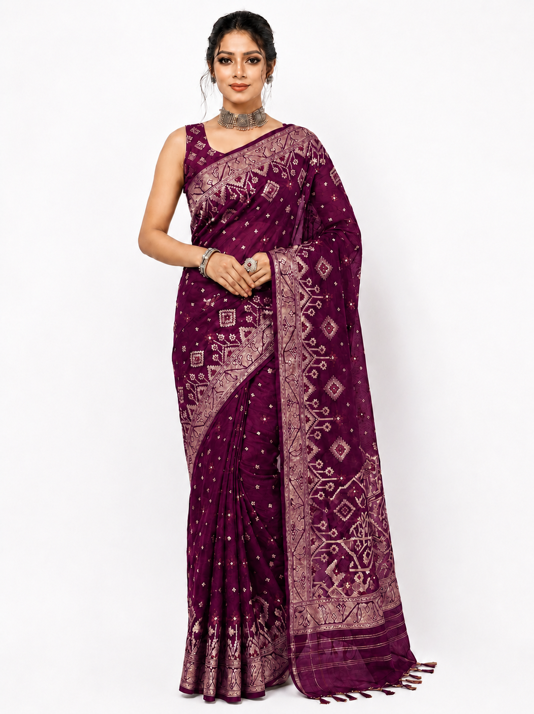 Purple cotton Jamdani Saree 7052