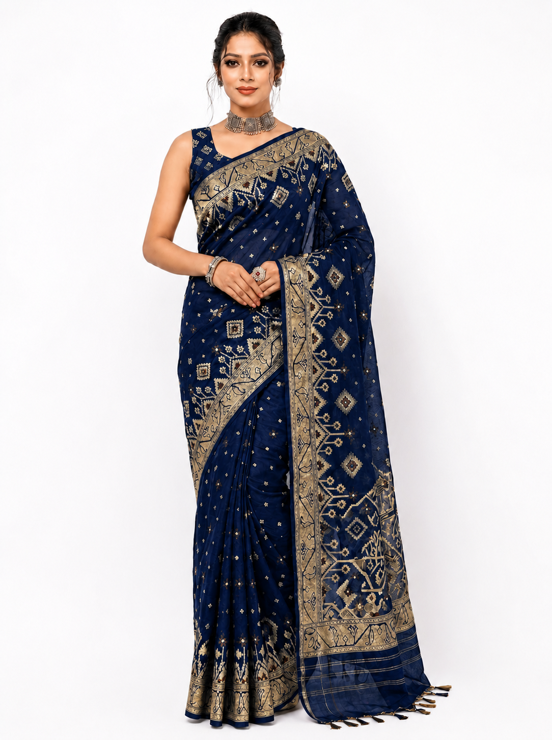 blue cotton Jamdani Saree 7051